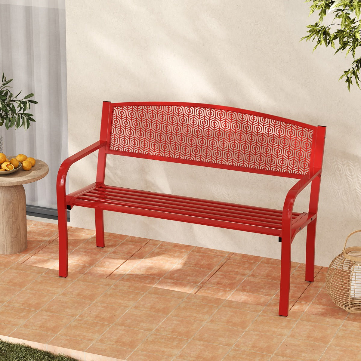 LIVSK Metalen Tuinbank - Stevig Frame - Ergonomisch Ontwerp - Ruime Zitting voor 2-3 Personen - Draagvermogen 300 kg - Rood