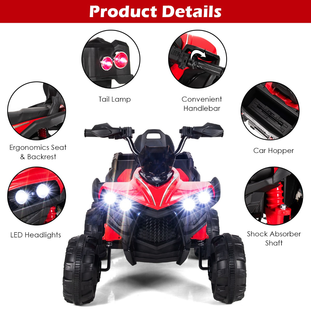 LIVSK All-terrain Elektrische Quad voor Kinderen - 4 Motoren - LED Verlichting - Muziek - Tot 30 kg - 129 x 69 x 72 cm - Rood