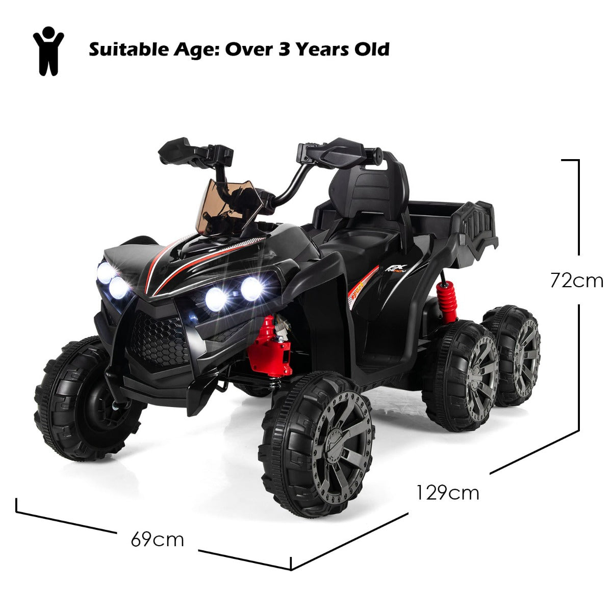 LIVSK Elektrische Quad voor Kinderen - 6 Wielen - LED Verlichting - Muziekfunctie - Snelheid 3-6 km/u - 129 x 69 x 72 cm - Zwart