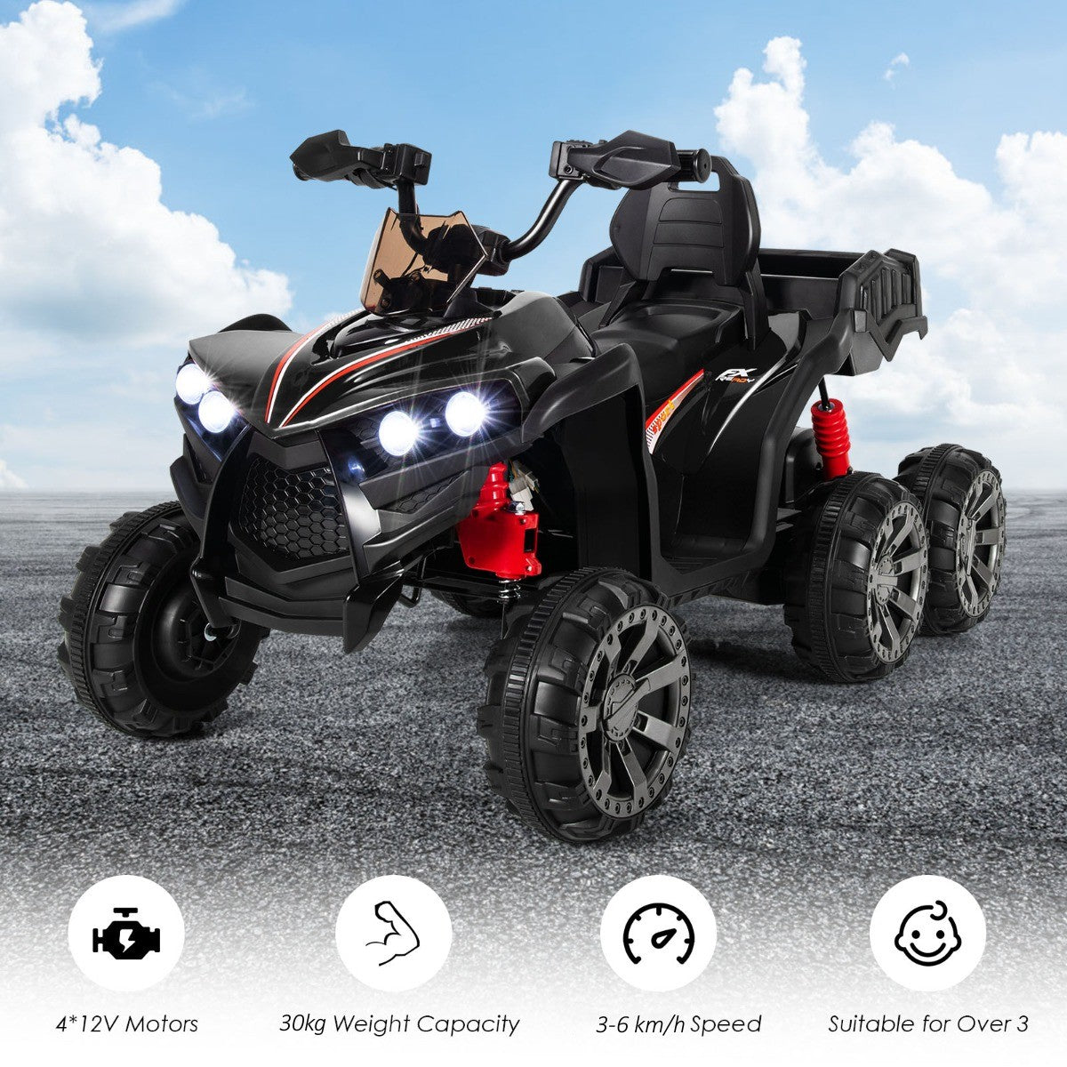 LIVSK Elektrische Quad voor Kinderen - 6 Wielen - LED Verlichting - Muziekfunctie - Snelheid 3-6 km/u - 129 x 69 x 72 cm - Zwart