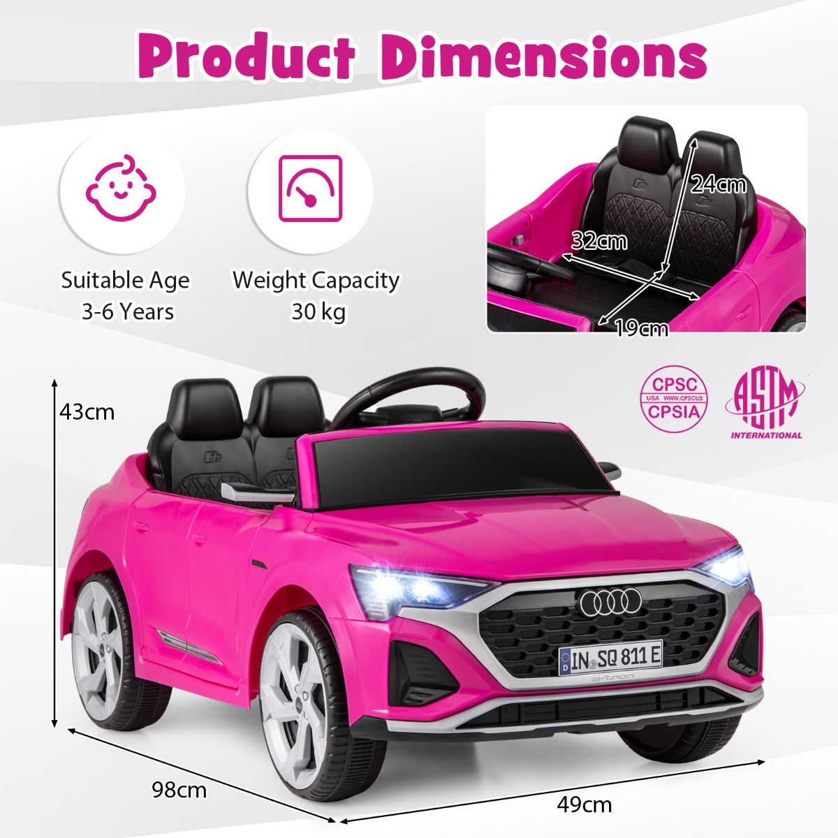 LIVSK Audi SQ8 Kinderauto met Afstandsbediening - 12V Oplaadbare Batterij - 3 Snelheden - LED-verlichting - Zwart/Roze