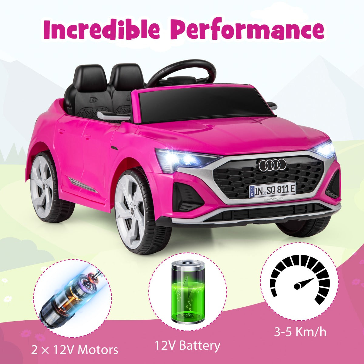 LIVSK Audi SQ8 Kinderauto met Afstandsbediening - 12V Oplaadbare Batterij - 3 Snelheden - LED-verlichting - Zwart/Roze