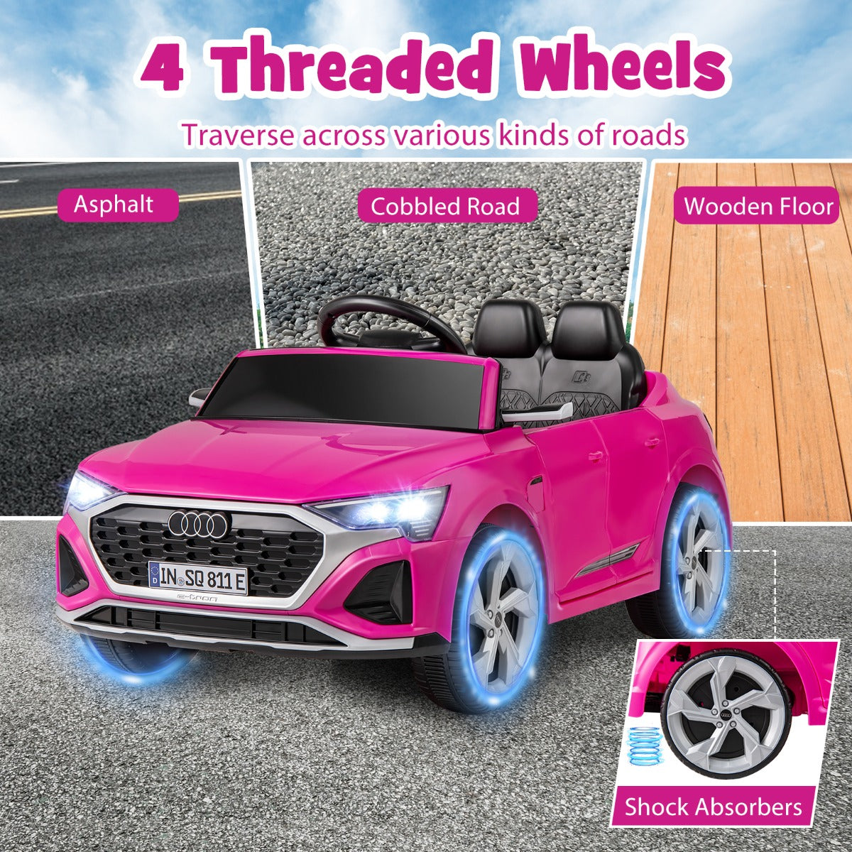 LIVSK Audi SQ8 Kinderauto met Afstandsbediening - 12V Oplaadbare Batterij - 3 Snelheden - LED-verlichting - Zwart/Roze
