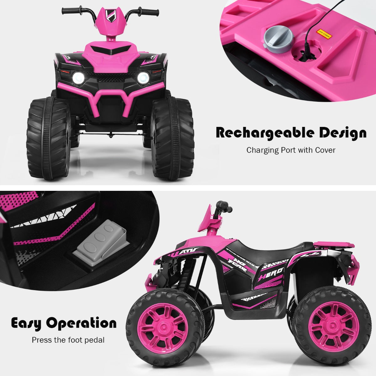 LIVSK Elektrische Kinderquad ATV - Hoge/Lage Snelheid - Ingebouwde Muziek - USB & Bluetooth - Voor Kinderen 3-7 Jaar - Roze