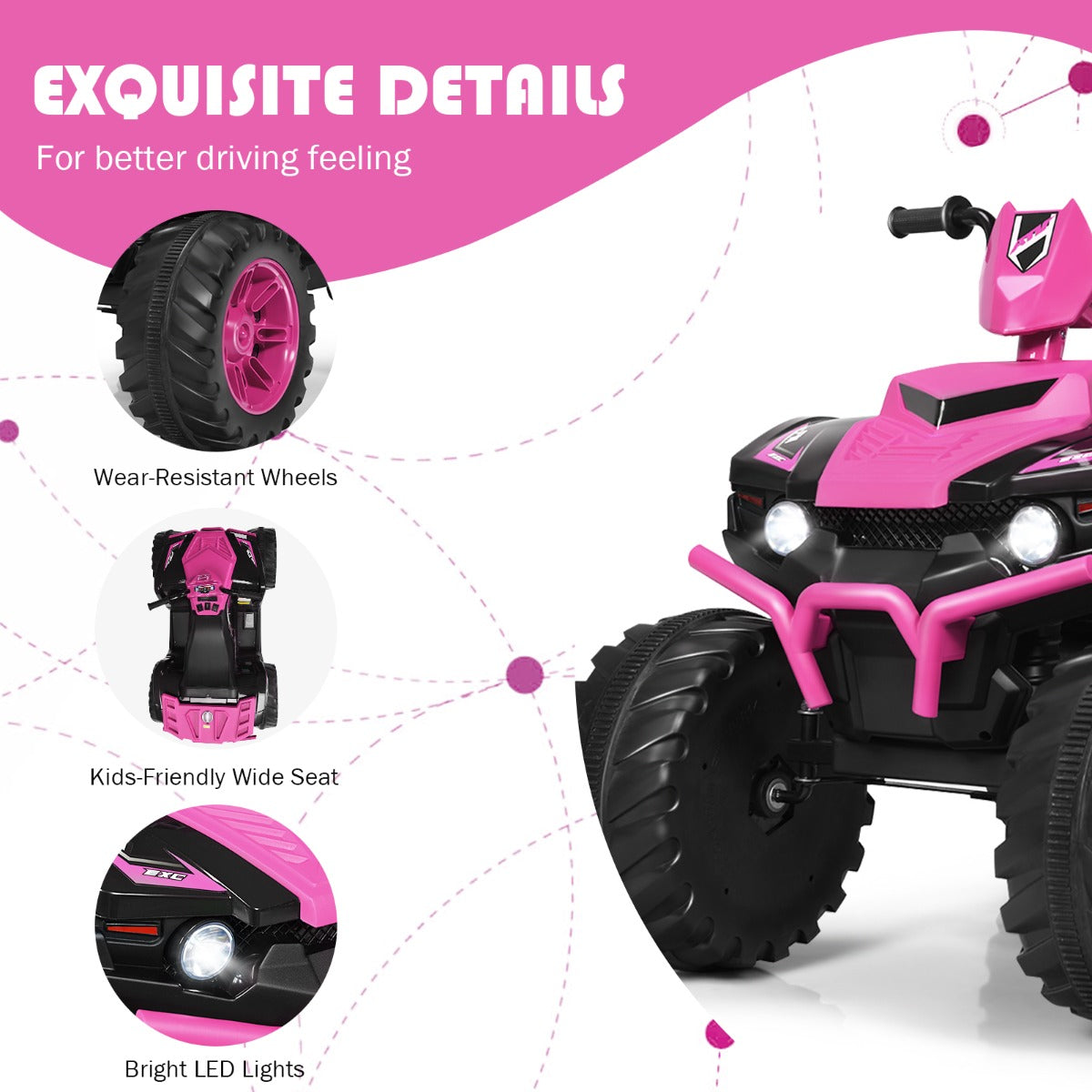 LIVSK Elektrische Kinderquad ATV - Hoge/Lage Snelheid - Ingebouwde Muziek - USB & Bluetooth - Voor Kinderen 3-7 Jaar - Roze