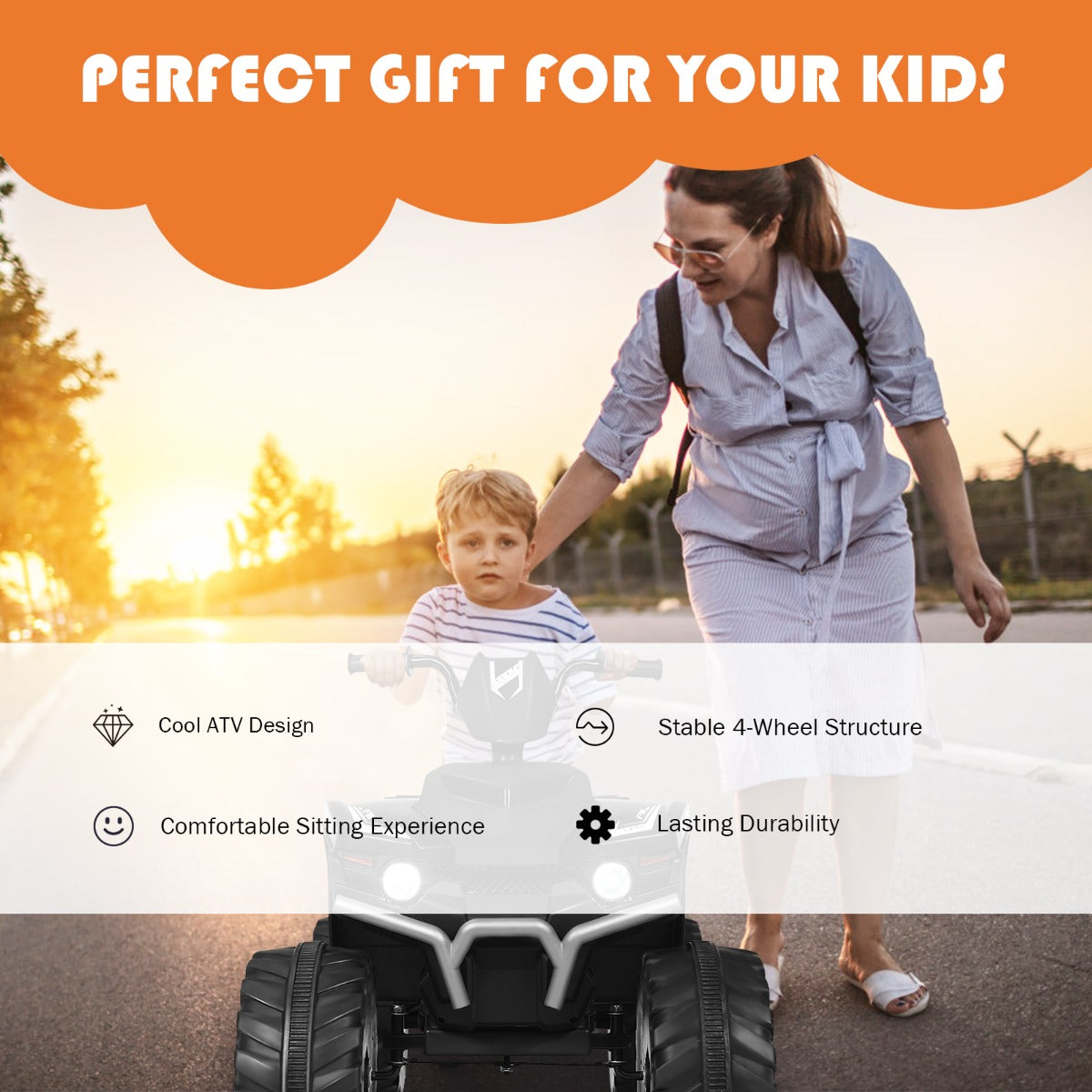 LIVSK Elektrische Quad ATV voor Kinderen - Hoge/Lage Snelheid - Muziek & Verhalen - USB/Bluetooth - 105 x 65,5 x 73 cm - Zwart