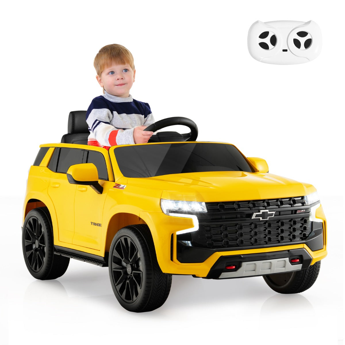 LIVSK Elektrische Kinderauto Chevrolet Tahoe - Afstandsbediening - LED-verlichting - Veiligheidsgordel - 68 x 104 x 53 cm - Geel