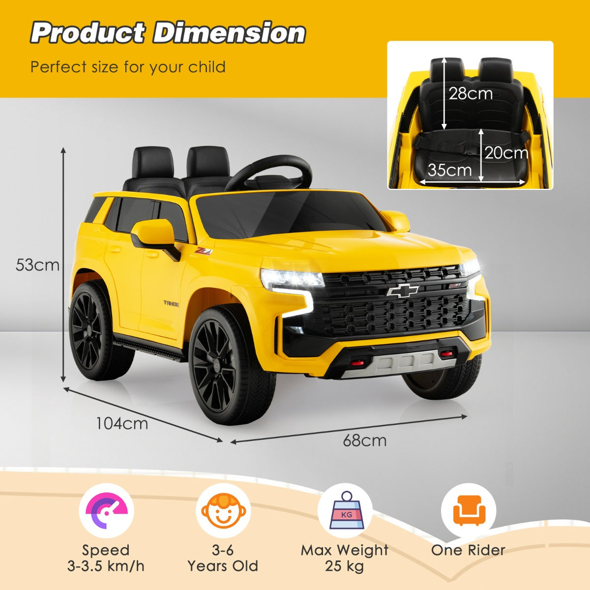 LIVSK Elektrische Kinderauto Chevrolet Tahoe - Afstandsbediening - LED-verlichting - Veiligheidsgordel - 68 x 104 x 53 cm - Geel