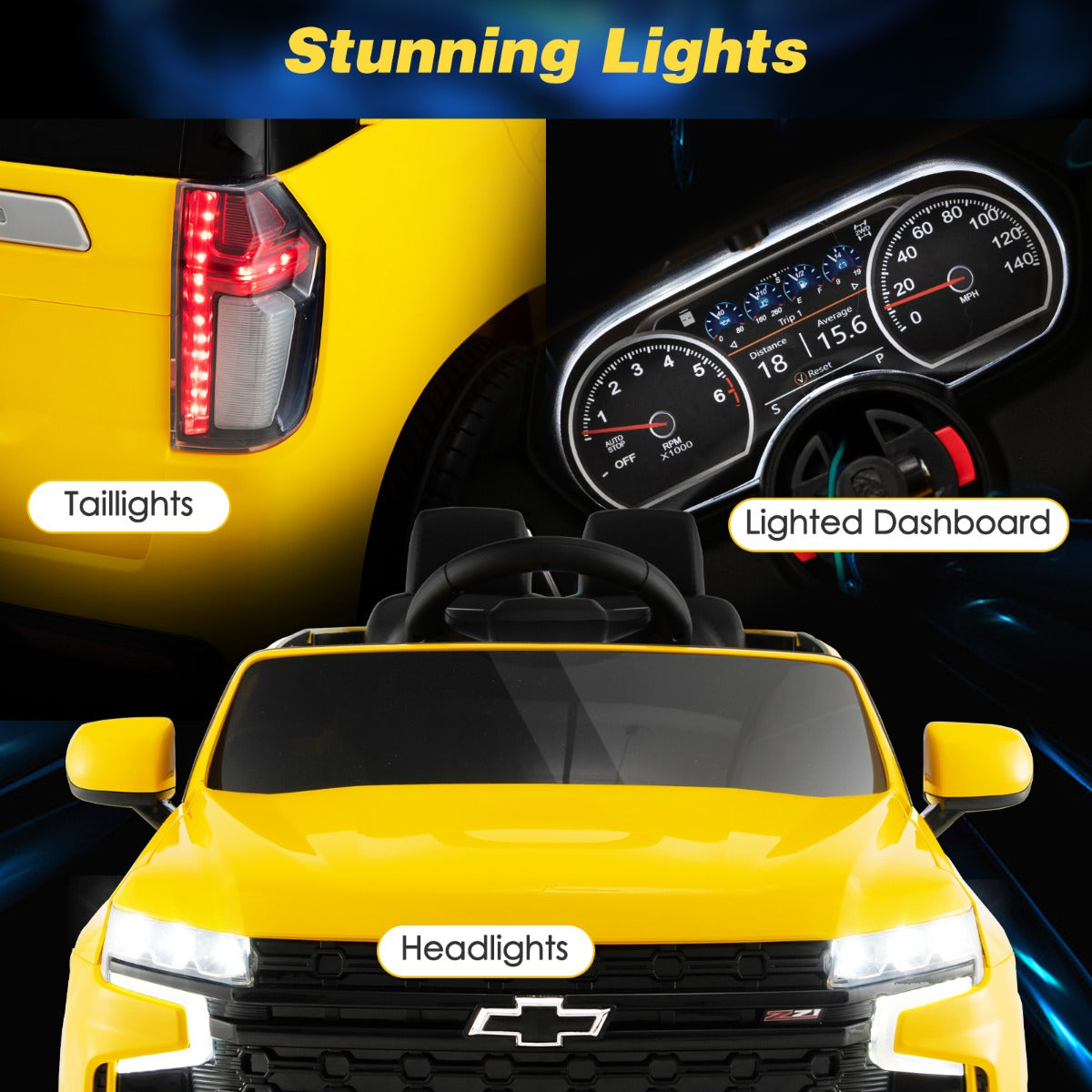 LIVSK Elektrische Kinderauto Chevrolet Tahoe - Afstandsbediening - LED-verlichting - Veiligheidsgordel - 68 x 104 x 53 cm - Geel