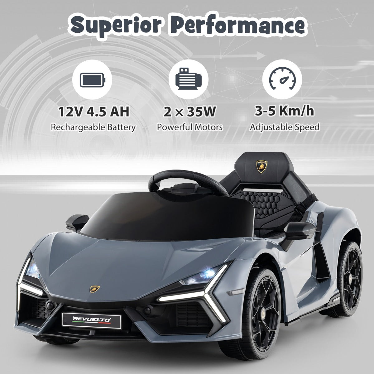 LIVSK Lamborghini Revuelto Elektrische Auto - Autonoom Rijden met Afstandsbediening - Hydraulische Deuren - 25 kg - Grijs/Oranje