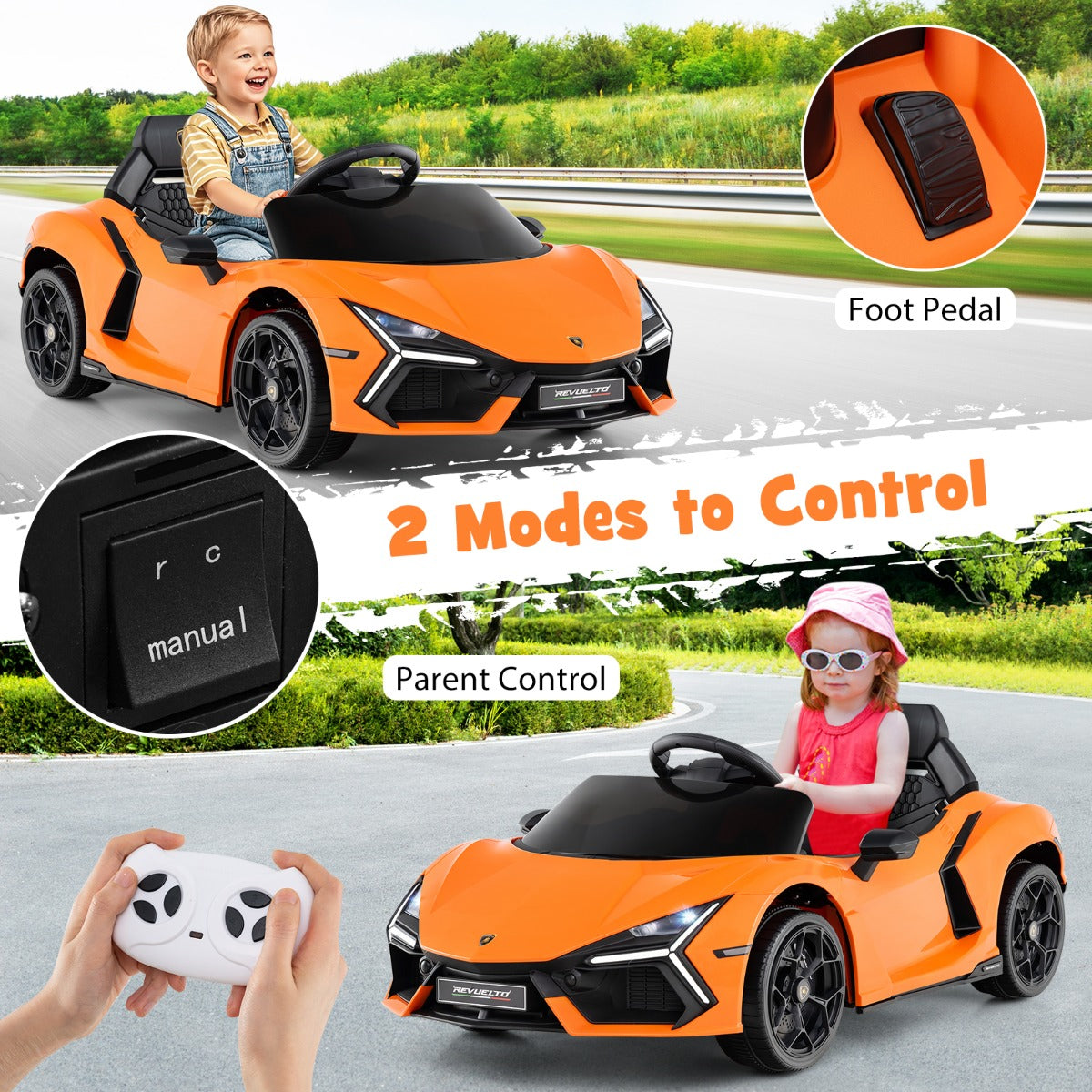 LIVSK Elektrische Kinderauto Lamborghini Revuelto - Afstandsbediening - Hydraulische Deuren - 2 x 35 W Motoren - 105 x 60 x 40 cm