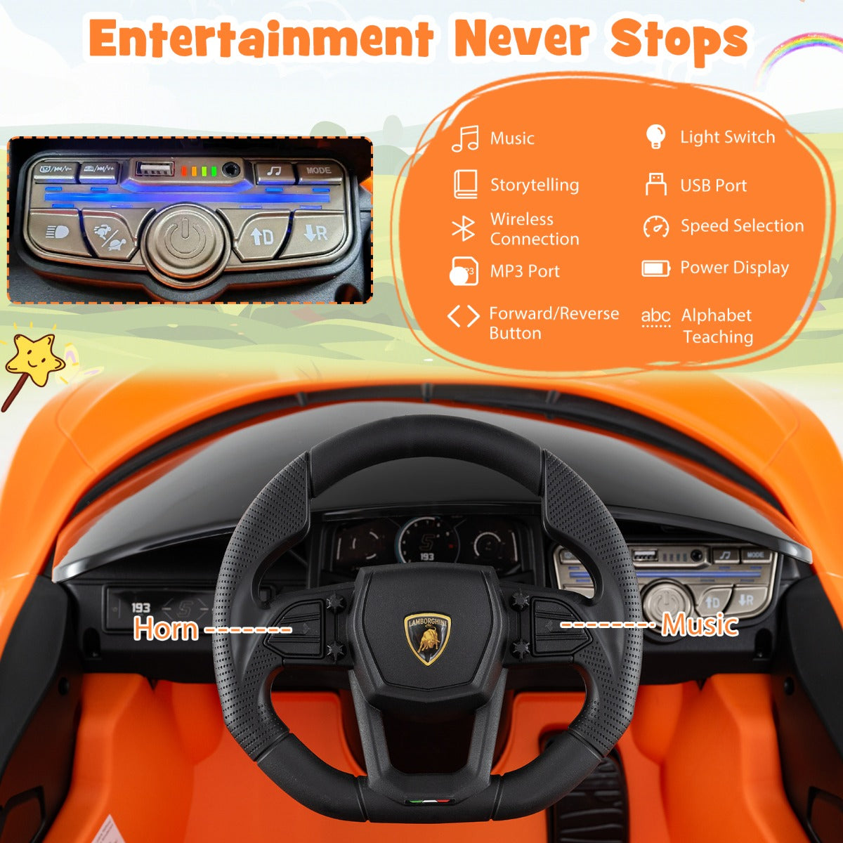 LIVSK Elektrische Kinderauto Lamborghini Revuelto - Afstandsbediening - Hydraulische Deuren - 2 x 35 W Motoren - 105 x 60 x 40 cm