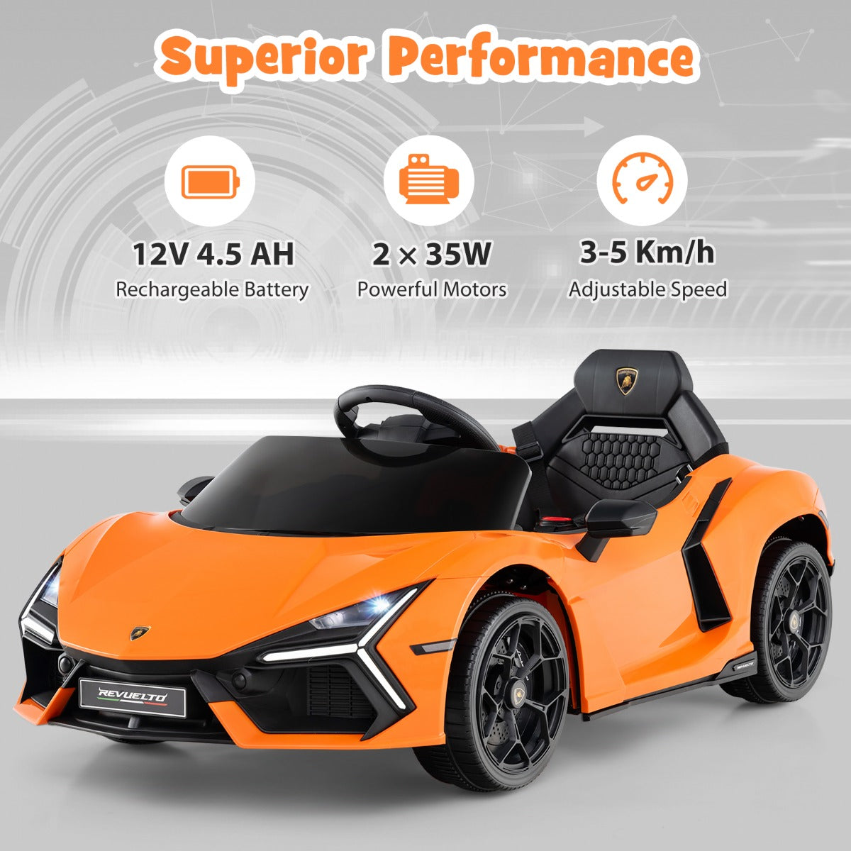 LIVSK Elektrische Kinderauto Lamborghini Revuelto - Afstandsbediening - Hydraulische Deuren - 2 x 35 W Motoren - 105 x 60 x 40 cm