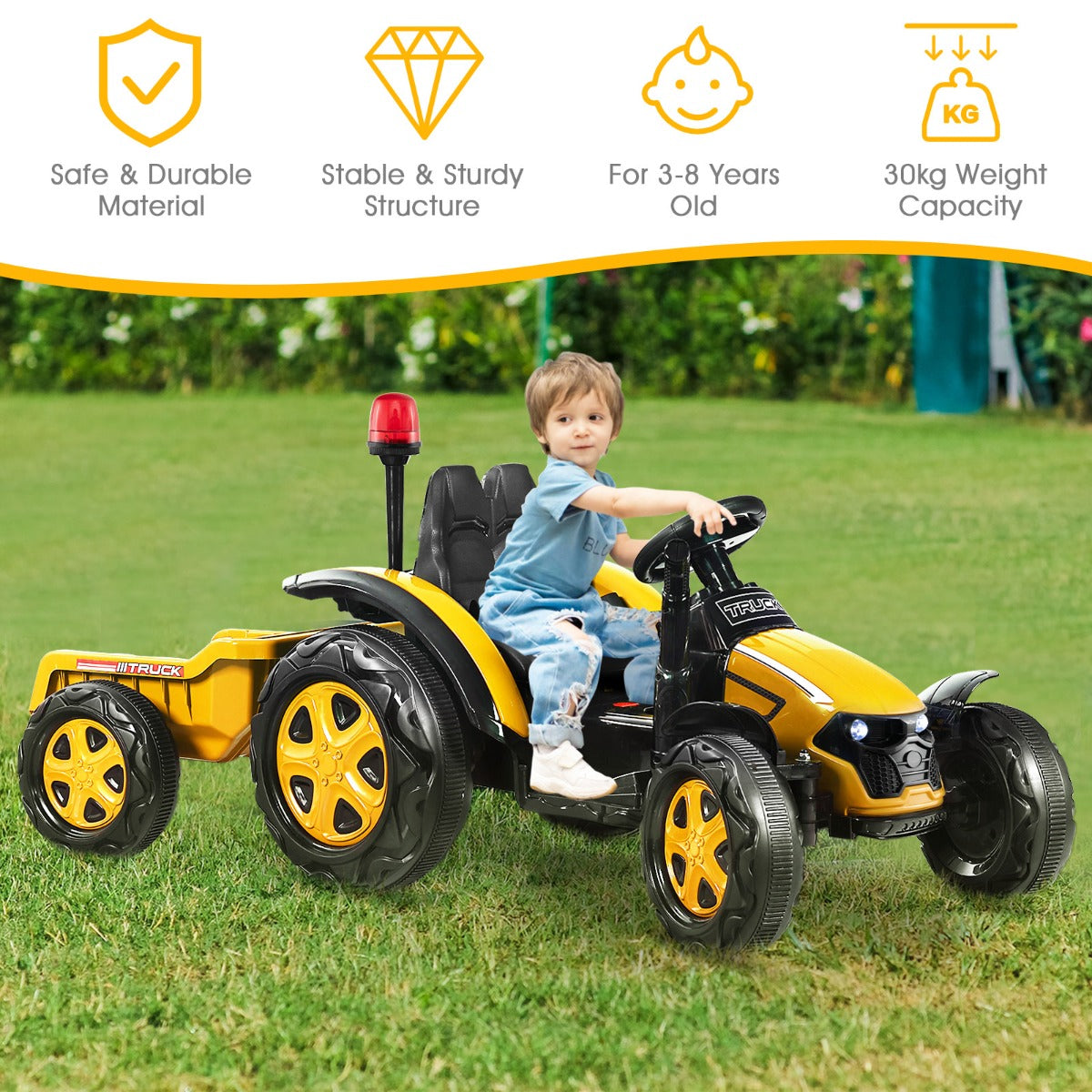 LIVSK Elektrische Kindertractor met Aanhanger - Muziekspeler - Veiligheidsgordel - Eenvoudig te Monteren - 151 x 68 x 70 cm - Geel