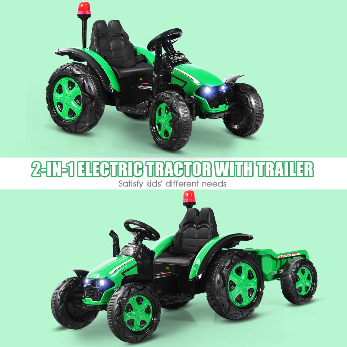 LIVSK Elektrische Speelgoedtractor met Aanhangwagen - Duurzaam - Muziekspeler - Veiligheidsgordel - Voor 3-8 jaar - Groen