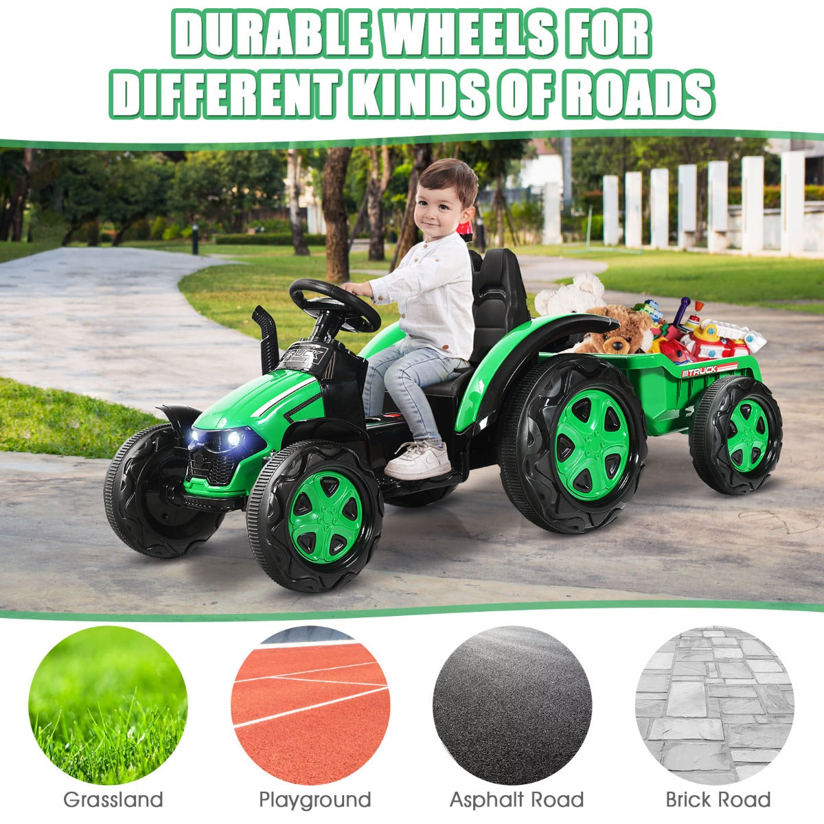 LIVSK Elektrische Speelgoedtractor met Aanhangwagen - Duurzaam - Muziekspeler - Veiligheidsgordel - Voor 3-8 jaar - Groen