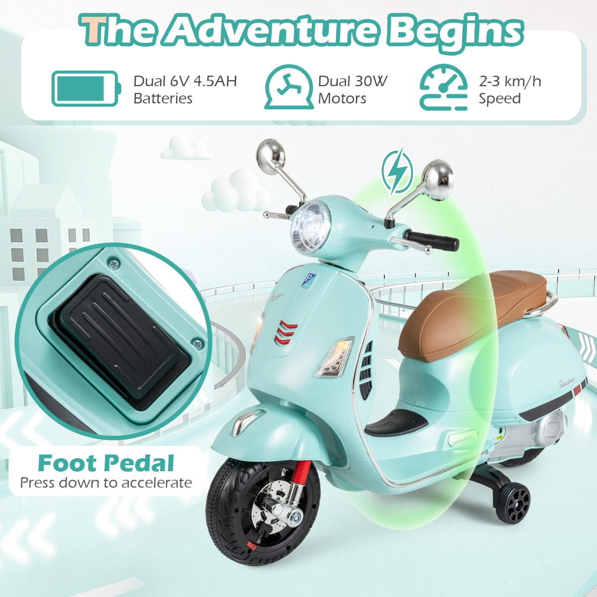 Livsk costway 12v elektrische motorfiets voor kinderen elektrische motorfiets met vier wielen groen 4