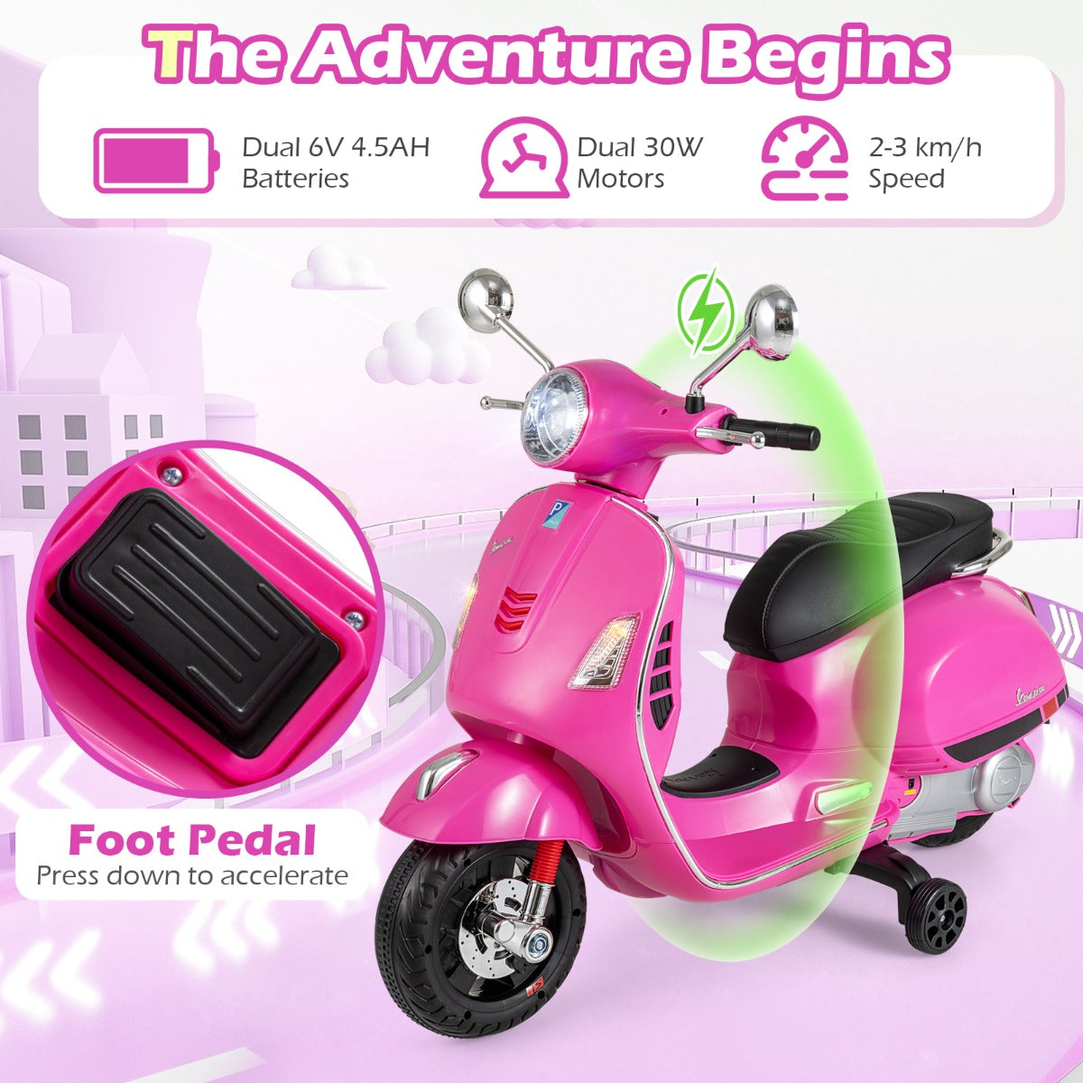 Livsk costway 12v elektrische motorfiets voor kinderen elektrische motorfiets met vier wielen roze 6
