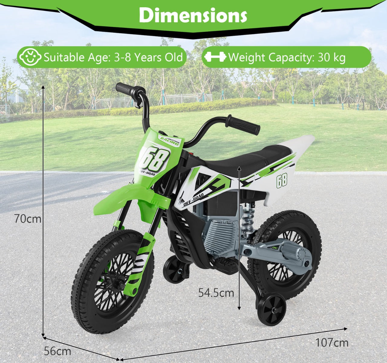 Livsk costway 12v elektrische motorfiets voor kinderen met muziek draadloze connectiviteit en bluetooth functionaliteit groen 2