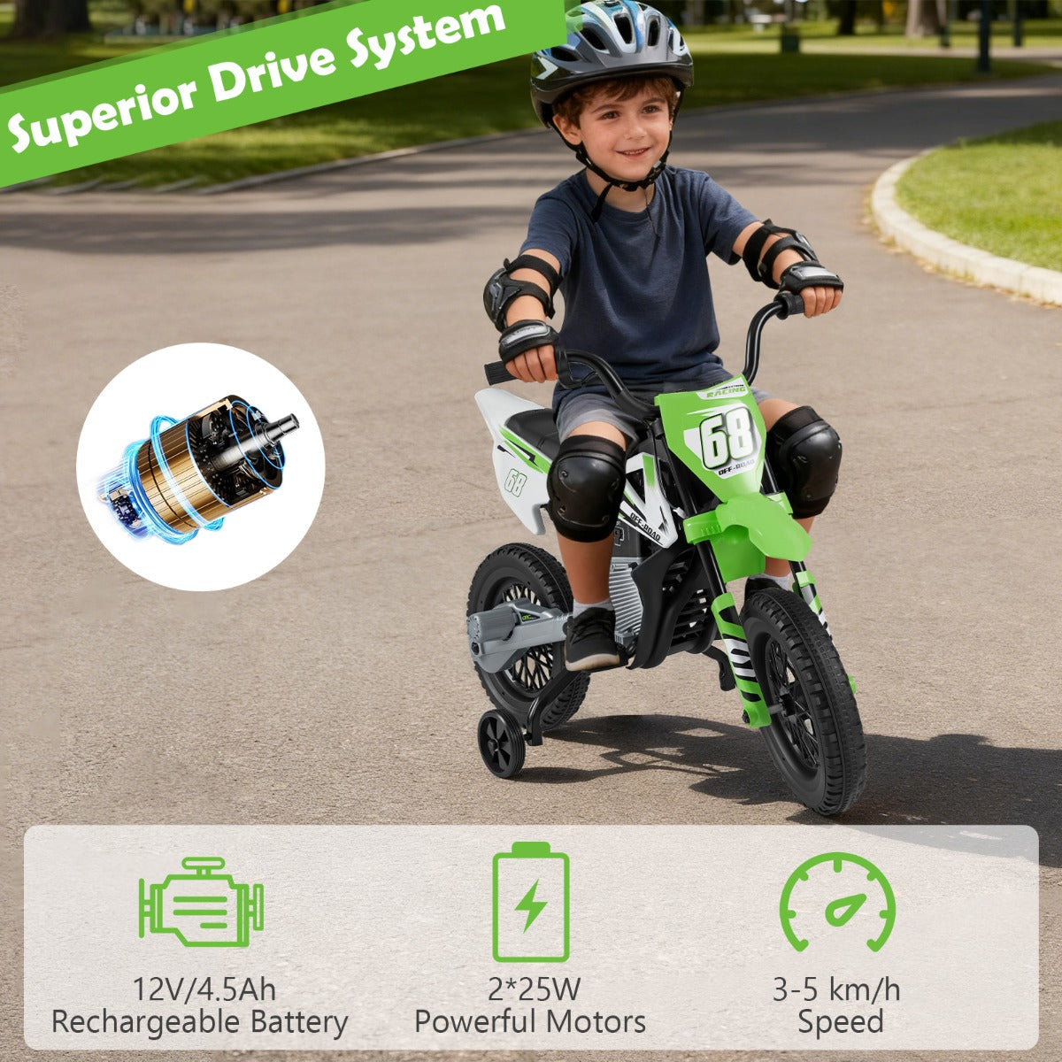 Livsk costway 12v elektrische motorfiets voor kinderen met muziek draadloze connectiviteit en bluetooth functionaliteit groen 3