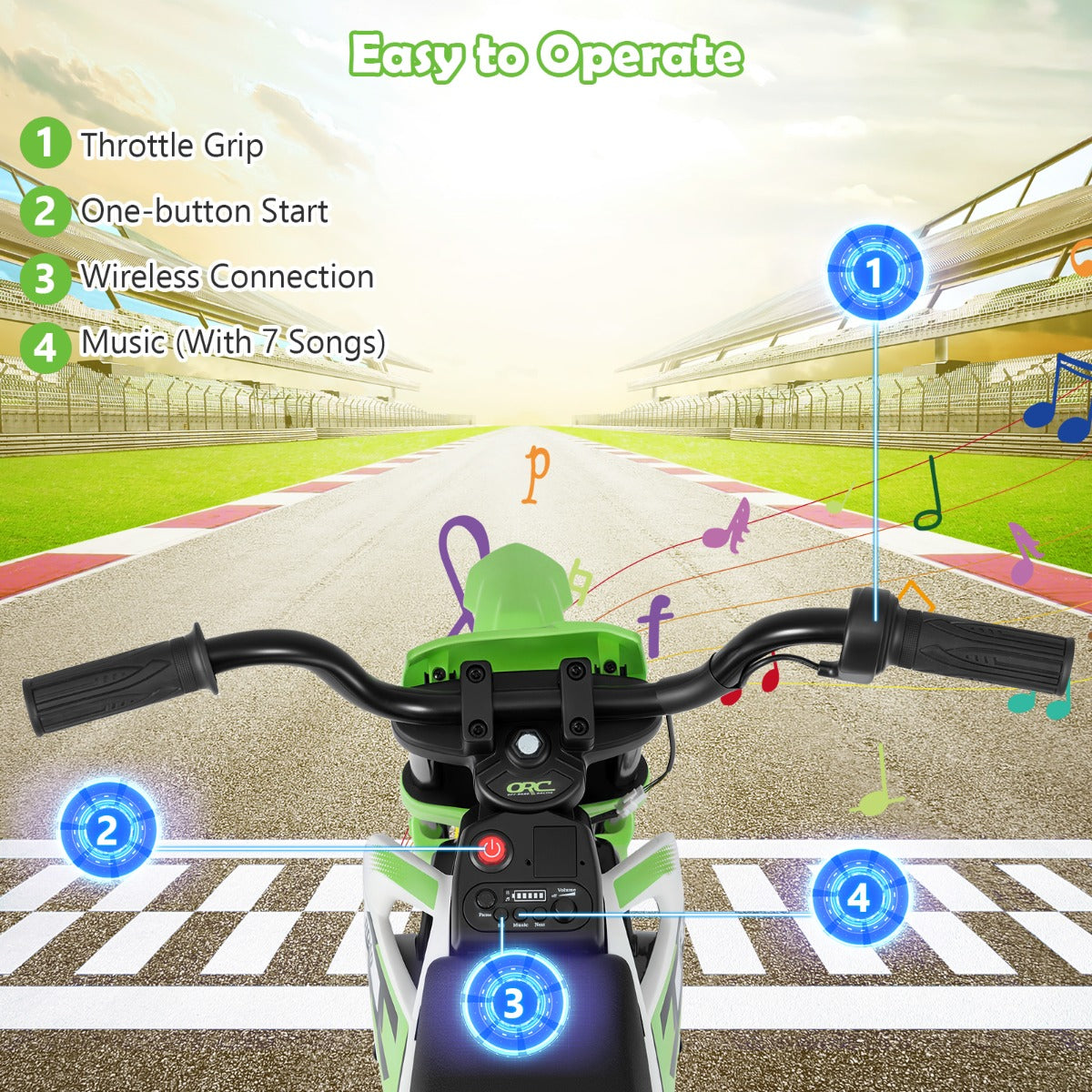 Livsk costway 12v elektrische motorfiets voor kinderen met muziek draadloze connectiviteit en bluetooth functionaliteit groen 4