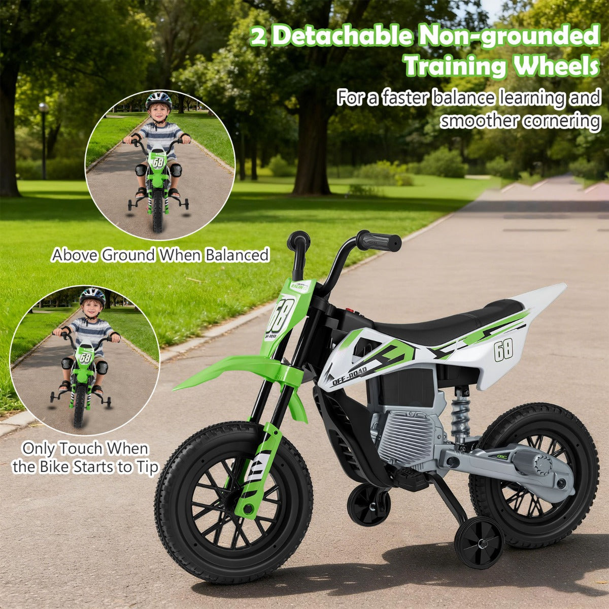 Livsk costway 12v elektrische motorfiets voor kinderen met muziek draadloze connectiviteit en bluetooth functionaliteit groen 5