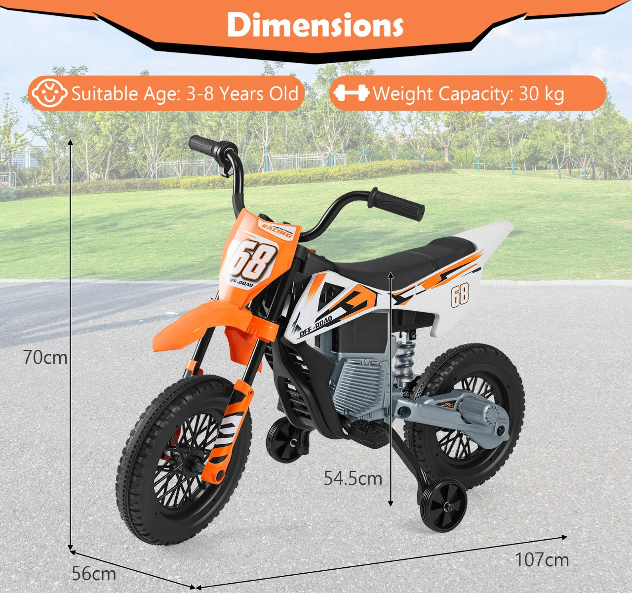 Livsk costway 12v elektrische motorfiets voor kinderen met muziek draadloze connectiviteit en bluetooth functionaliteit oranje 2