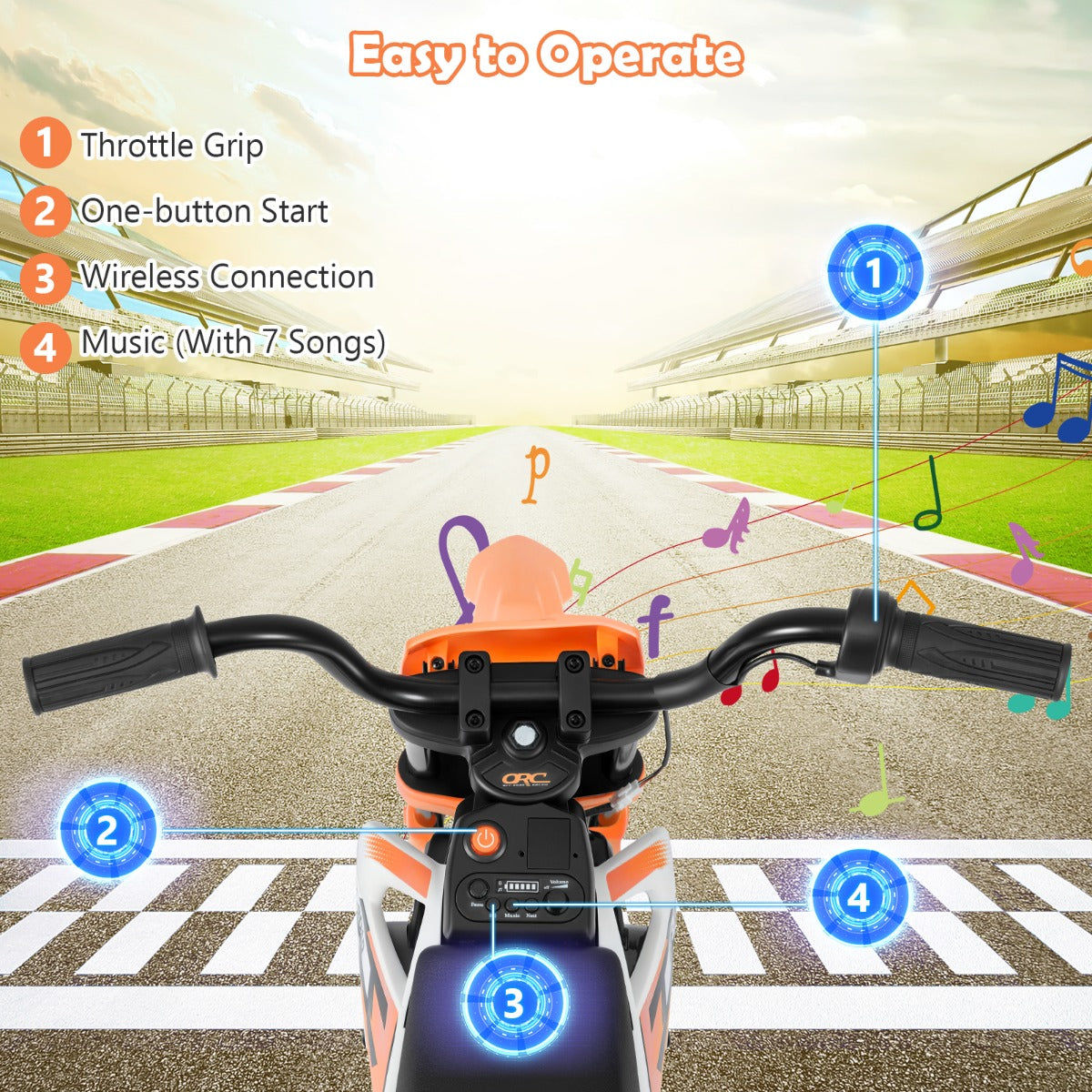 Livsk costway 12v elektrische motorfiets voor kinderen met muziek draadloze connectiviteit en bluetooth functionaliteit oranje 4