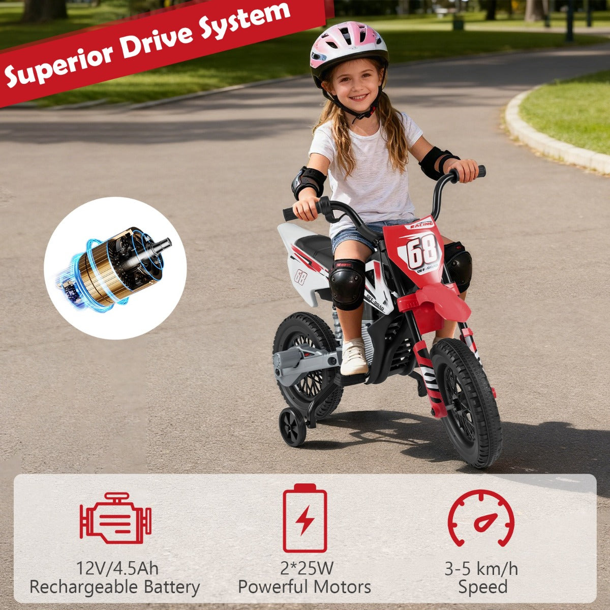 Livsk costway 12v elektrische motorfiets voor kinderen met muziek draadloze connectiviteit en bluetooth functionaliteit rood 4