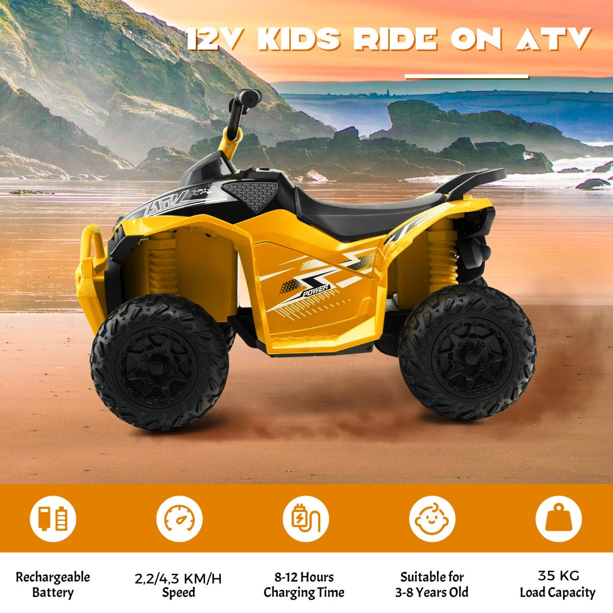 LIVSK Elektrische Kinderquad - Voor 3-8 jaar - Antislip Wielen - Realistische Koplampen - Oplaadbaar - Geel