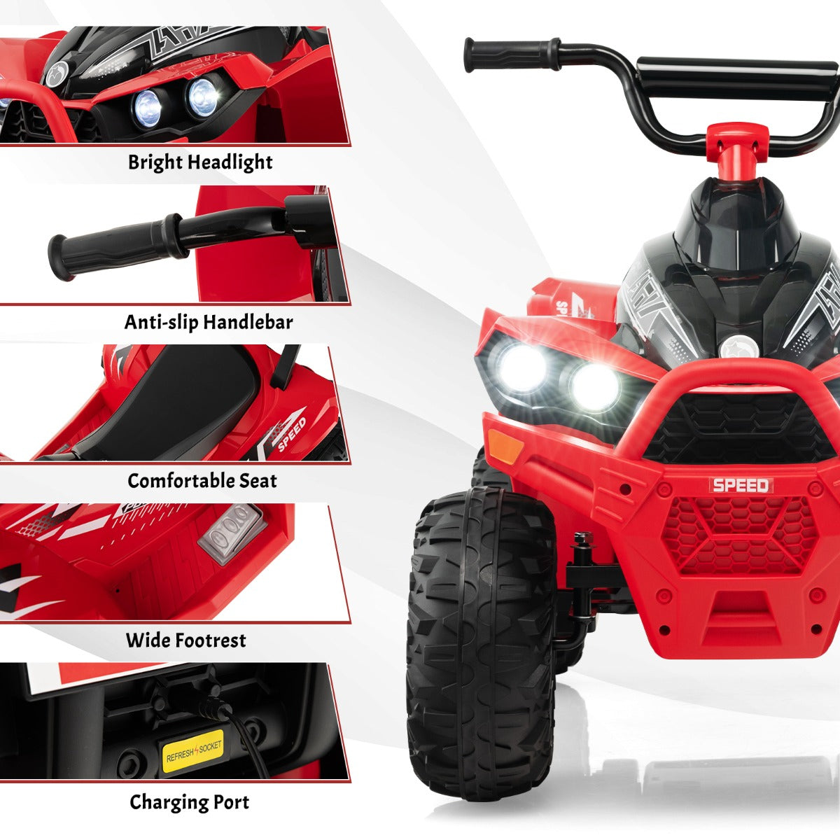LIVSK Elektrische Kinderquad - Voor Kinderen 3-8 Jaar - Antislip Wielen - Heldere Koplampen - Inclusief Muziek - Rood
