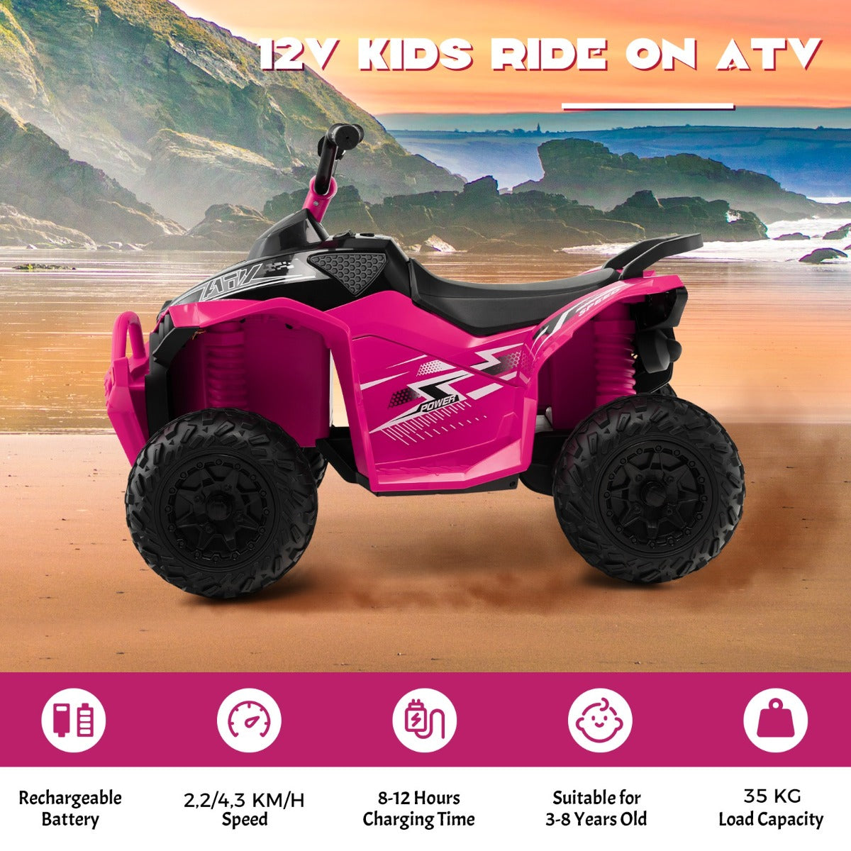 LIVSK Elektrische Kinderquad - Voor Kinderen 3-8 Jaar - Snelheid tot 4,3 km/u - Antislip Wielen - Muziek en Claxon - Roze