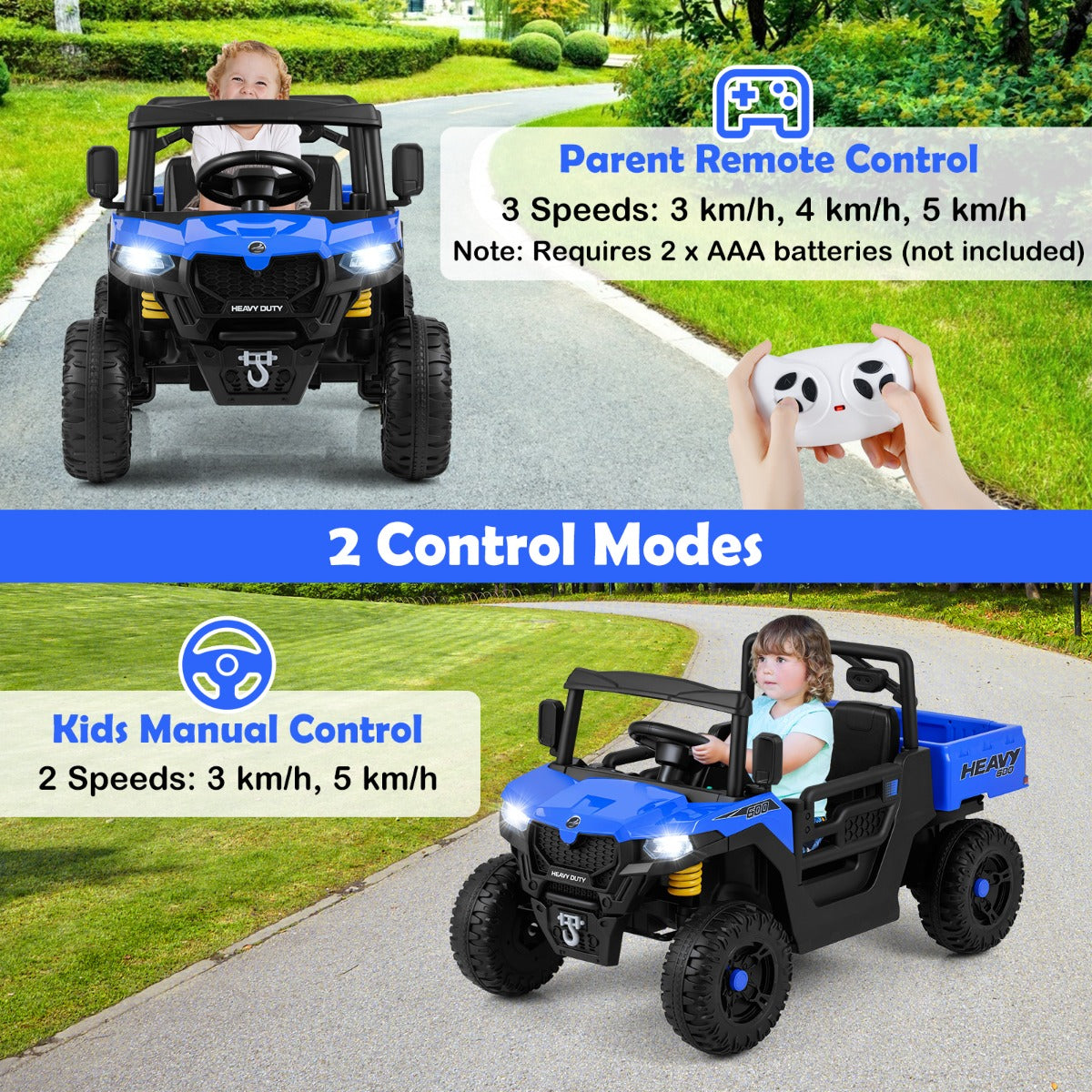 Livsk costway 12v kiepwagen elektrische kinderauto met elektrische kiepbak afstandsbediening muziek verhalen led verlichting en vering marineblauw 4