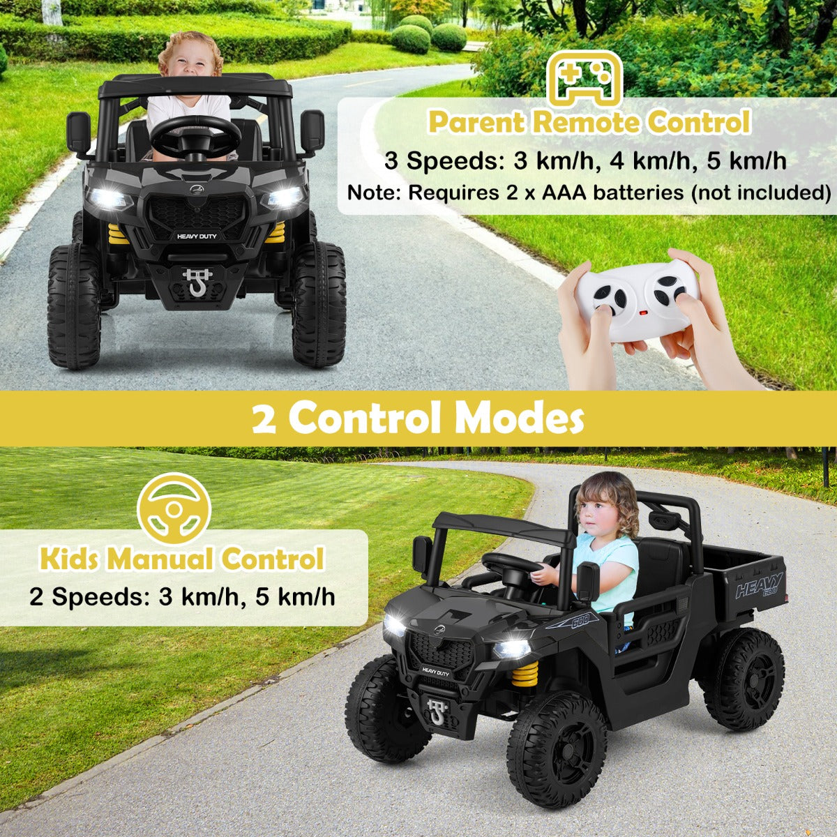 Livsk costway 12v kiepwagen elektrische kinderauto met elektrische kiepbak afstandsbediening muziek verhalen led verlichting en vering zwart 5