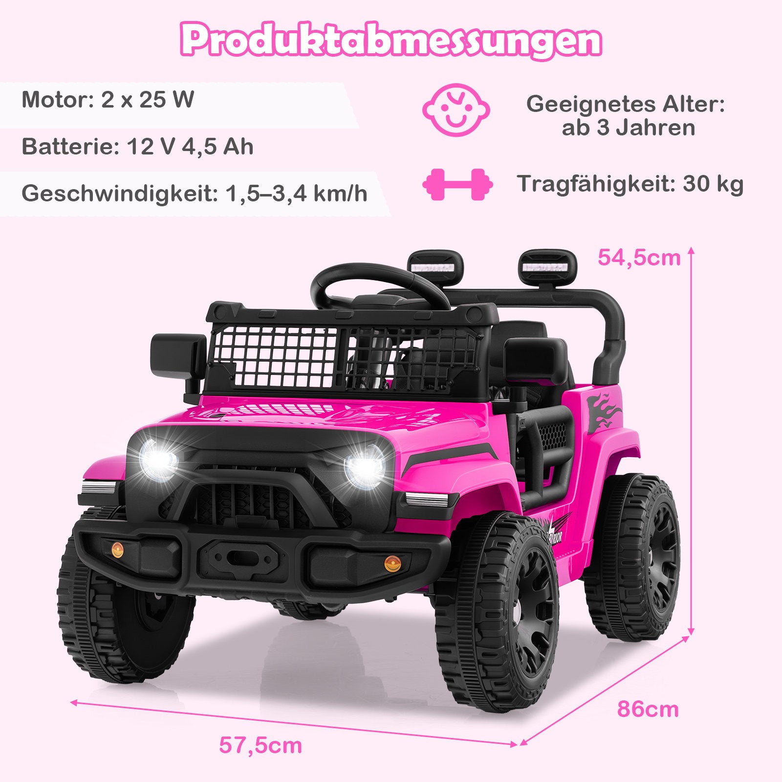 LIVSK 12V Elektroauto met Afstandsbediening - Schokdempers - Muziek en LED-lichten - Voor kinderen vanaf 3 jaar - Roze