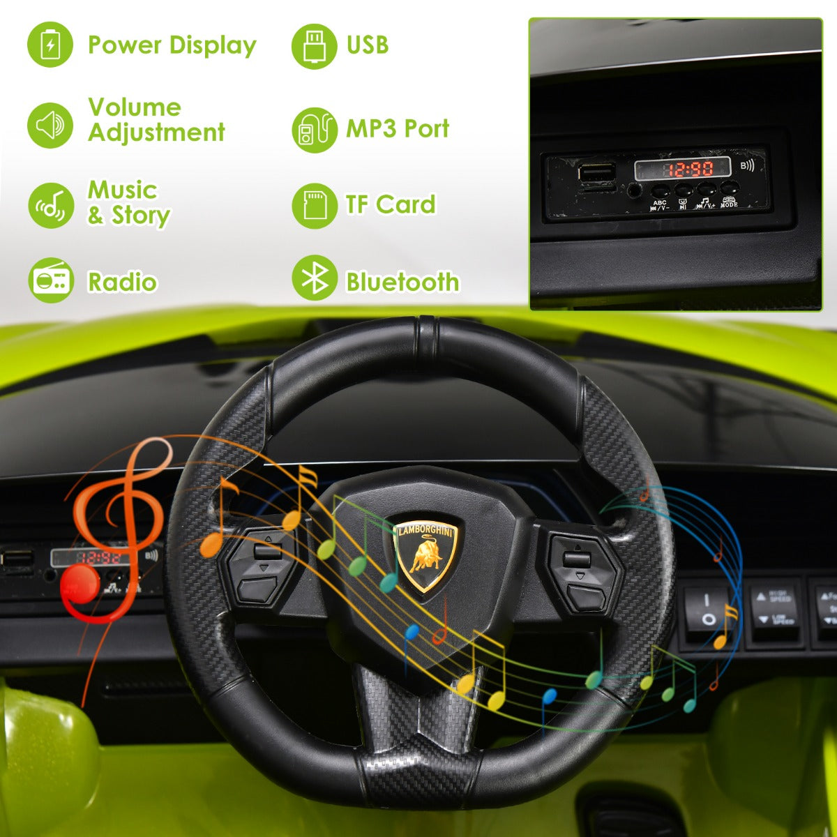 LIVSK Elektrische Kinderauto - Afstandsbediening - LED Koplampen - Muziek en Verhalen - Tot 25 kg - 108 x 64 x 41 cm - Groen