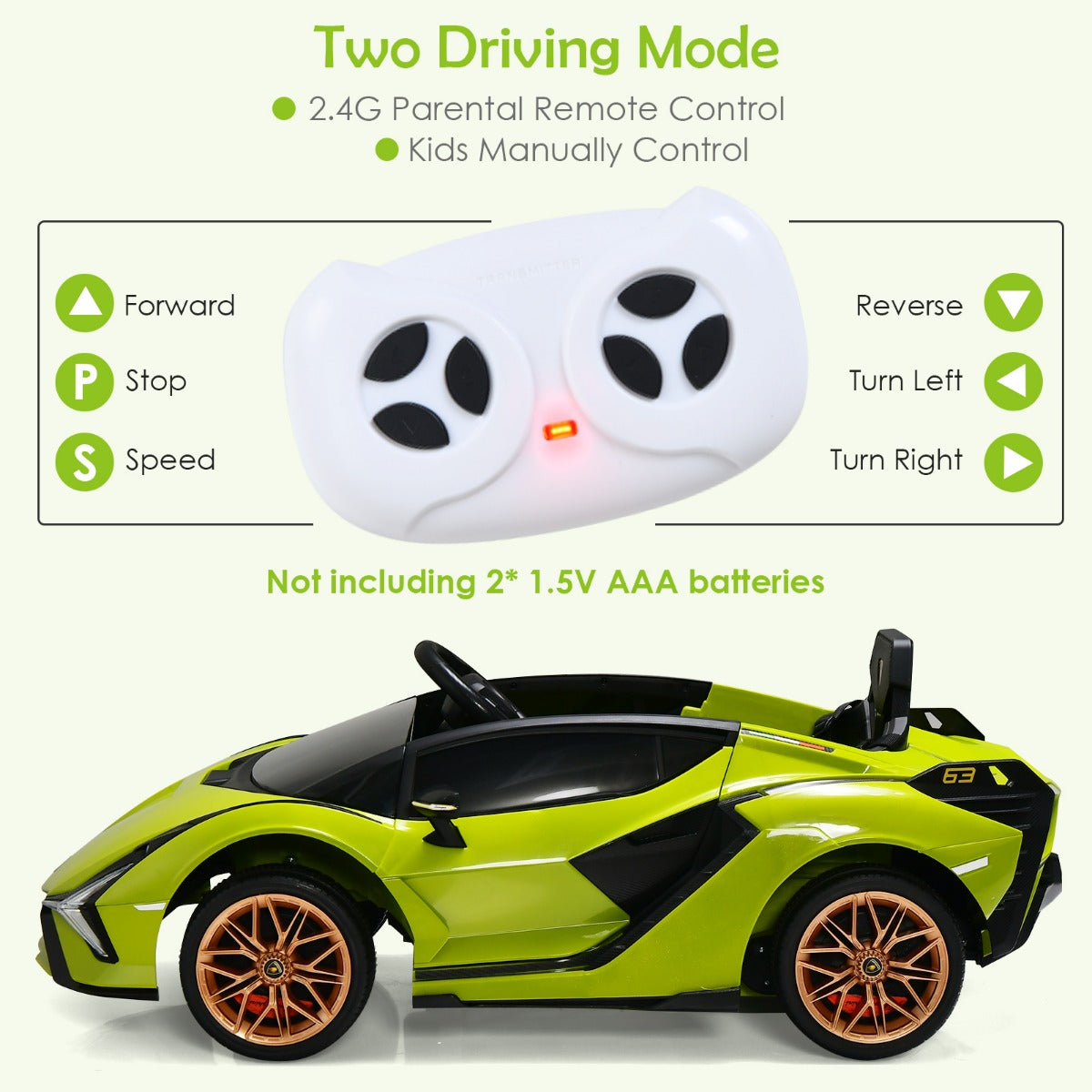 LIVSK Elektrische Kinderauto - Afstandsbediening - LED Koplampen - Muziek en Verhalen - Tot 25 kg - 108 x 64 x 41 cm - Groen