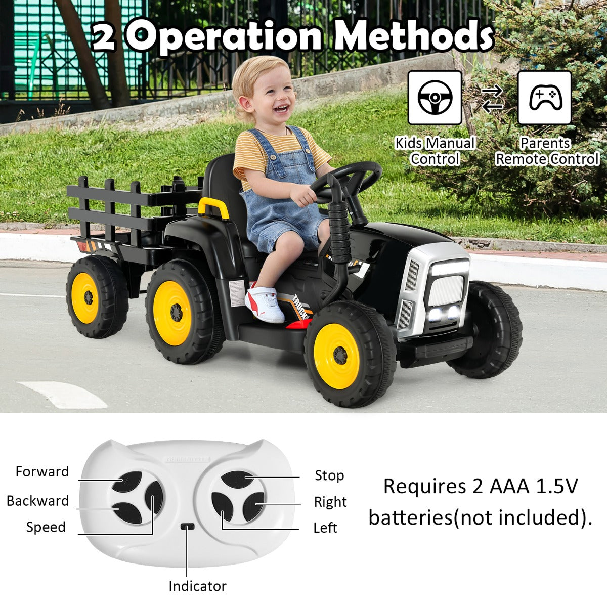 LIVSK Elektrische Trekker met Aanhanger - Afstandsbediening - Bluetooth - Veiligheidsgordel - Voor Kinderen 3+ - Zwart