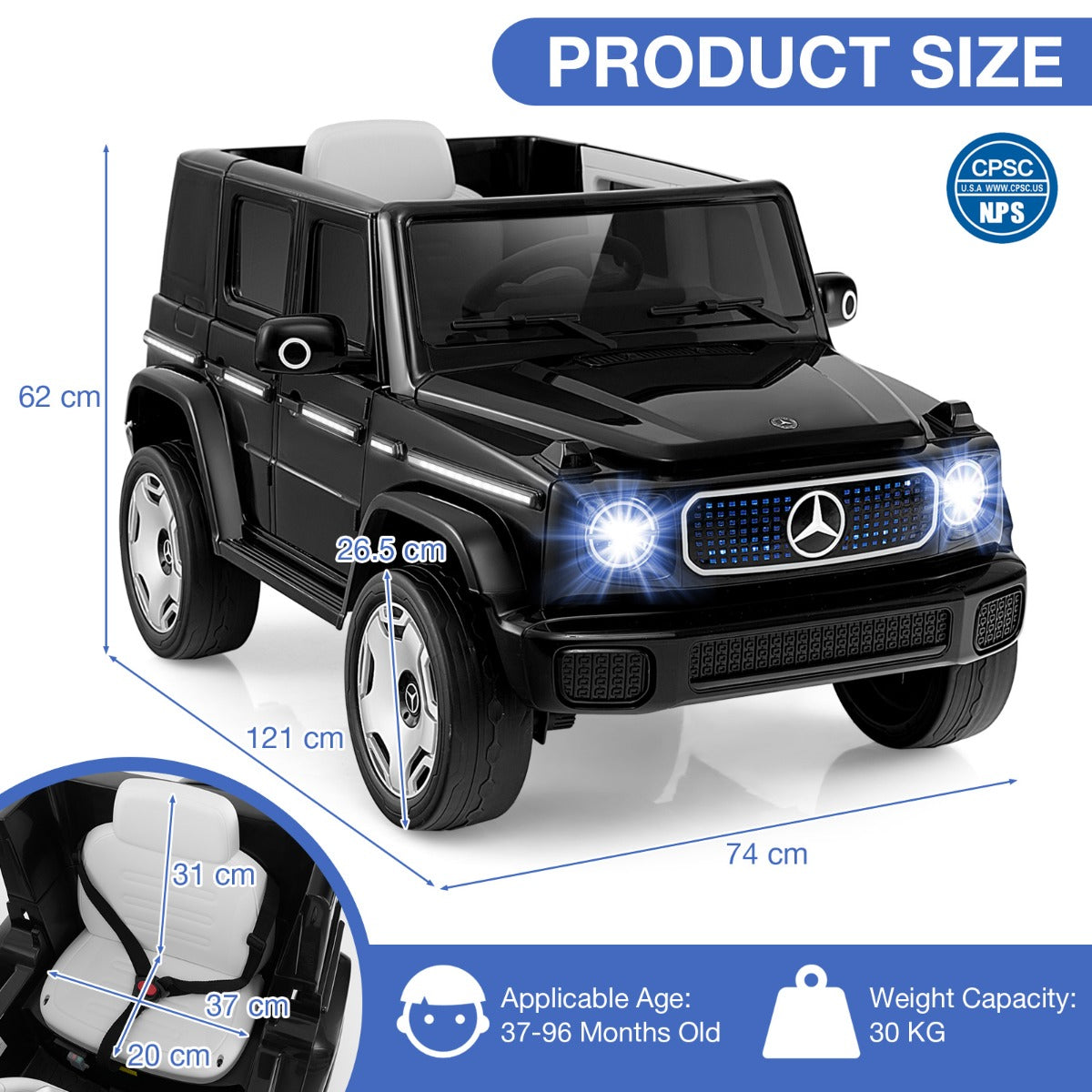 LIVSK Elektrische Kinderauto Mercedes-Benz - 4 Motoren - Afstandsbediening - Veiligheidsgordel - Snelheid 3-5 km/u - Zwart/Wit
