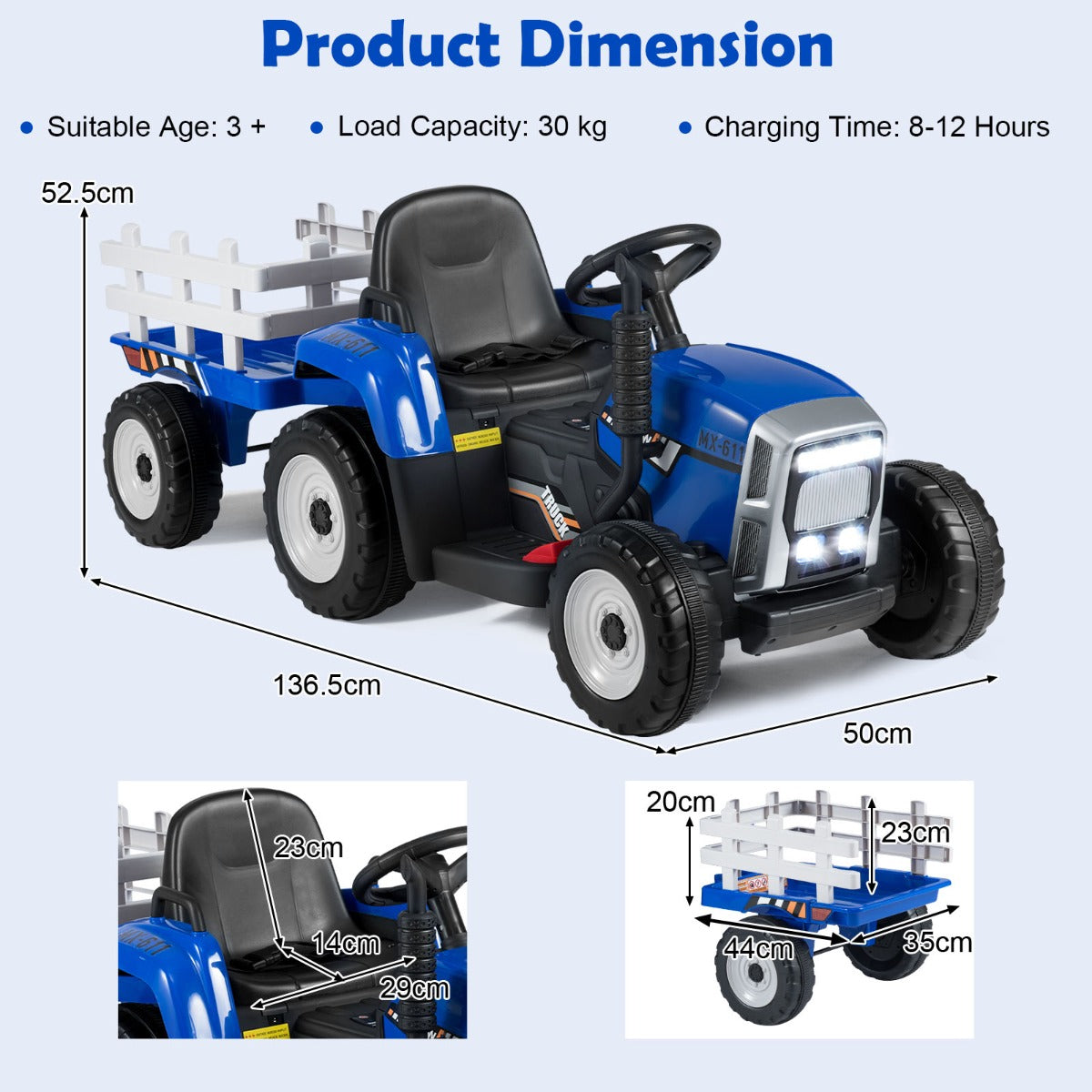 LIVSK Elektrische Zit-Tractor met Aanhanger - 2 Bedieningsmogelijkheden - Veilig en Duurzaam - 12V - Voor Kinderen - Blauw