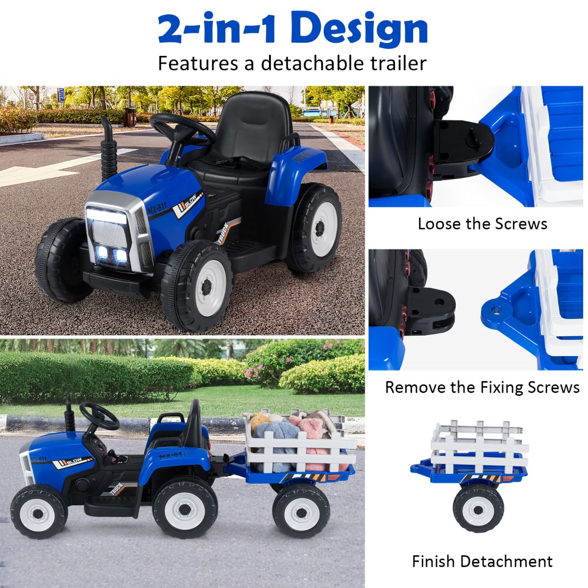 LIVSK Elektrische Zit-Tractor met Aanhanger - 2 Bedieningsmogelijkheden - Veilig en Duurzaam - 12V - Voor Kinderen - Blauw