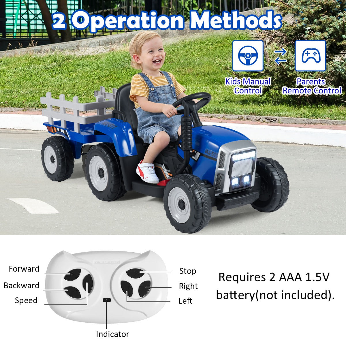 LIVSK Elektrische Zit-Tractor met Aanhanger - 2 Bedieningsmogelijkheden - Veilig en Duurzaam - 12V - Voor Kinderen - Blauw