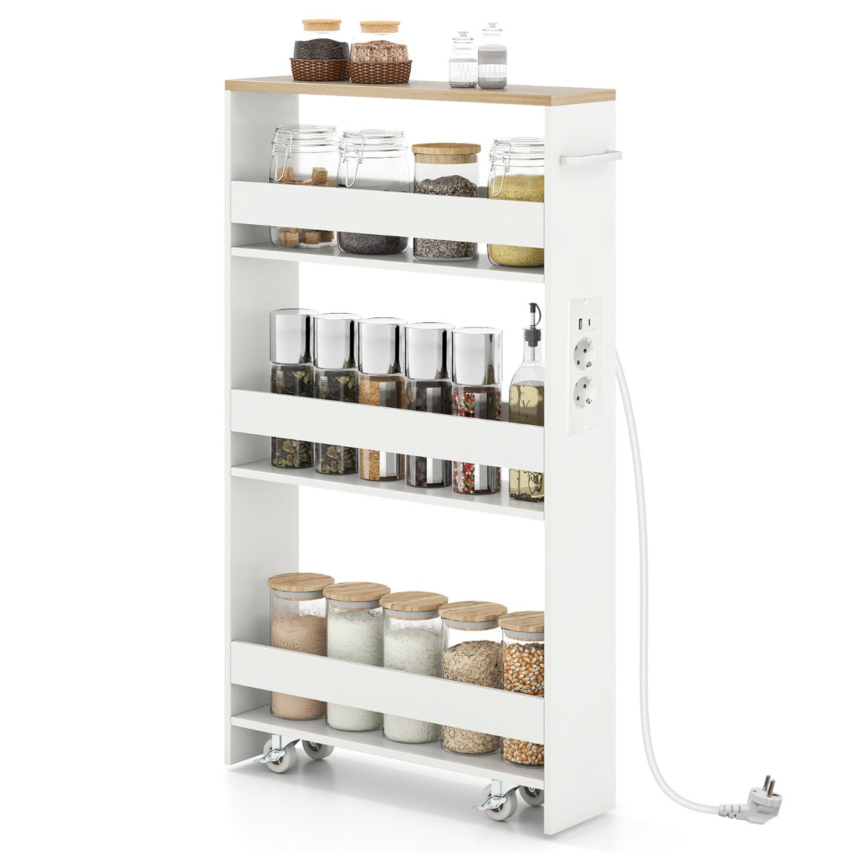 Livsk costway 13 cm ultradunne opbergkar met oplaadstation 4 laags keukenkar met handgrepen naturel 1 1