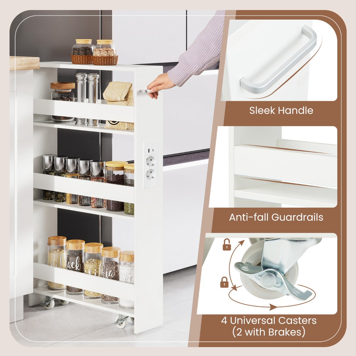 Livsk costway 13 cm ultradunne opbergkar met oplaadstation 4 laags keukenkar met handgrepen wit 5