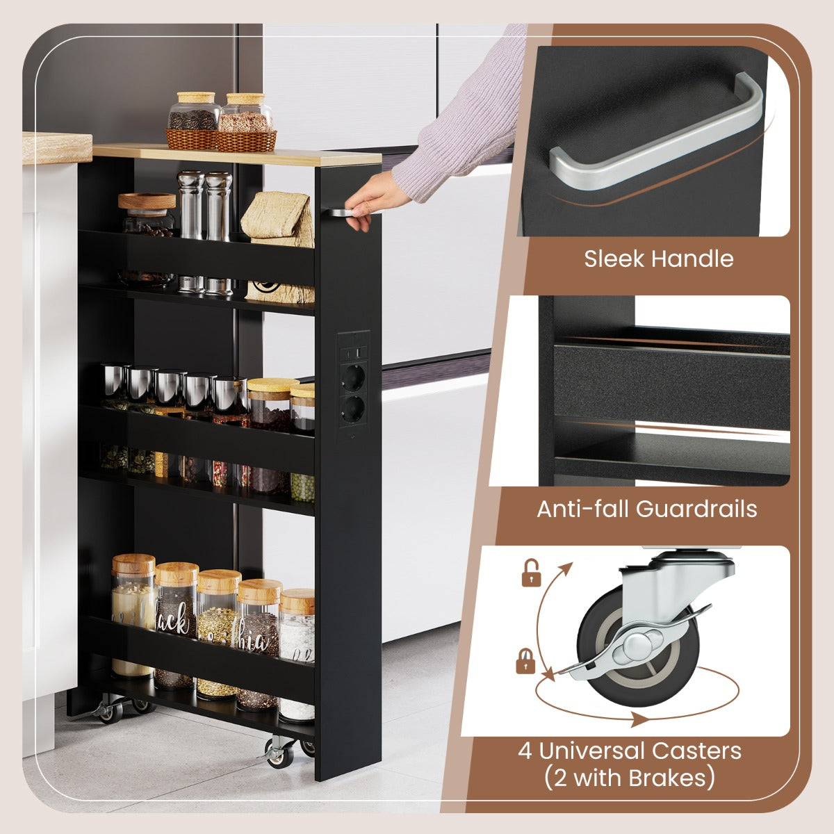 Livsk costway 13 cm ultradunne opbergkar met oplaadstation 4 laags keukenkar met handgrepen zwart 5