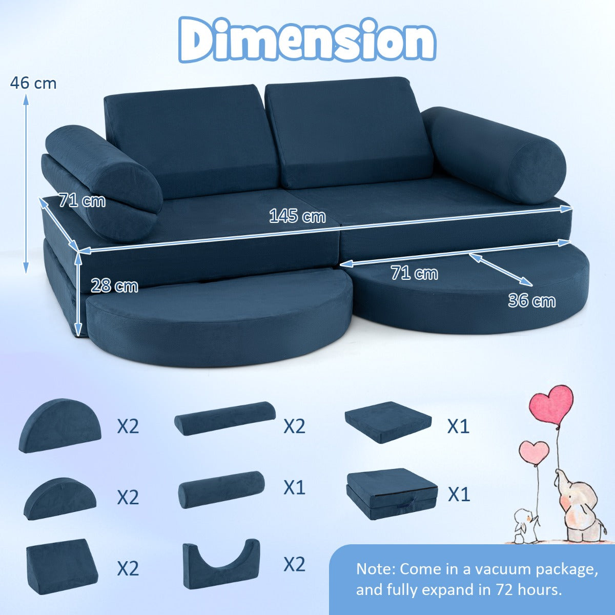 LIVSK Modulaire Kinderbank - 13-delige Set van Veilig Schuim - Afneembare Wasbare Hoezen - Educatief Spel - Marineblauw / Grijs