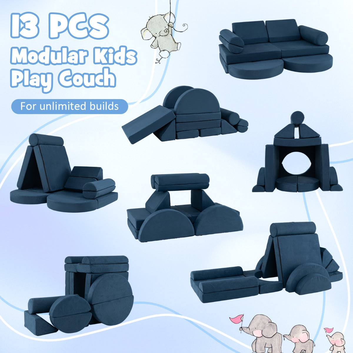 LIVSK Modulaire Kinderbank - 13-delige Set van Veilig Schuim - Afneembare Wasbare Hoezen - Educatief Spel - Marineblauw / Grijs
