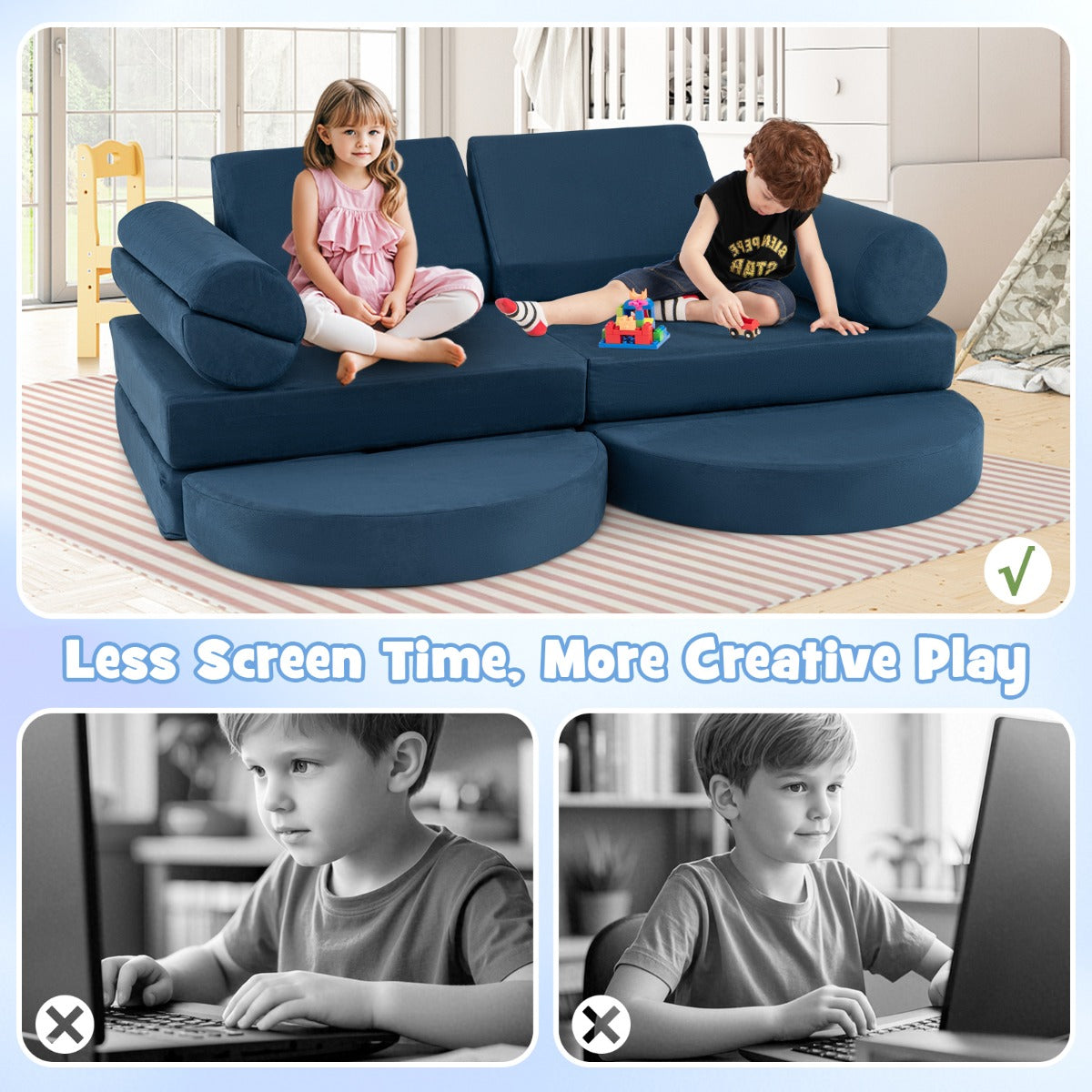 LIVSK Modulaire Kinderbank - 13-delige Set van Veilig Schuim - Afneembare Wasbare Hoezen - Educatief Spel - Marineblauw / Grijs