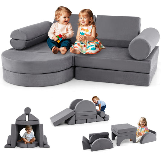 LIVSK Modulaire Kinderbank 13-Delig - Kindveilig - Machinewasbare Hoezen - Creatief Spel - 145 x 71 x 46 cm - Marineblauw/Grijs