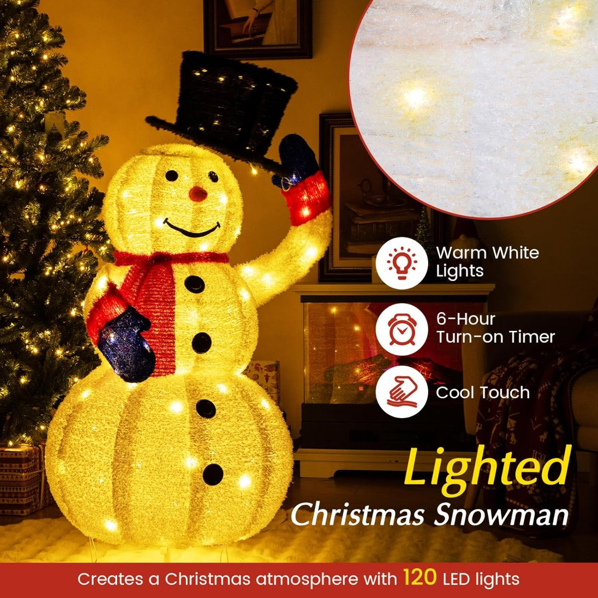 LIVSK Verlichte Kerstsneeuwpop - 130 cm Hoog - 120 Warmwitte LED-lampjes - Beweegbare Hoed - Timer Functie - Wit